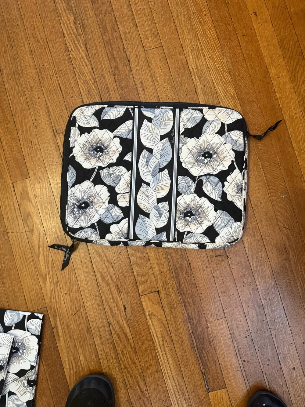 Vera Bradley Black Floral Quilted Tablet Sleeve with Leaf Motif